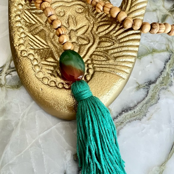 Mala Necklace with Agate Bead, Wood Beads, & Tassel in Green - Picture 2 of 6